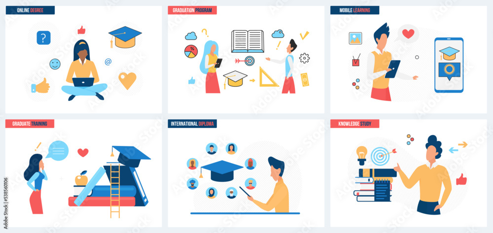 Aufkleber online courses, mobile app for internet learning platform set vector illustration. cartoon students 
