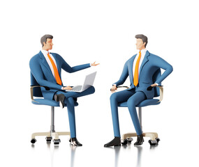 Successful confident business people sit in chairs, taking, discussing the project, make agreements.  3D rendering illustration