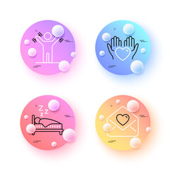Hold heart, Dumbbells workout and Sleep minimal line icons. 3d spheres or balls buttons. Love letter icons. For web, application, printing. Care love, Fitness athlete, Human in bed. Heart. Vector