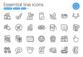 Hand click, Feather signature and Discounts app line icons. Collection of Love award, Brush, Calendar icons. Leaf dew, Wholesale inventory, Dumbbells web elements. Loyalty star. Vector