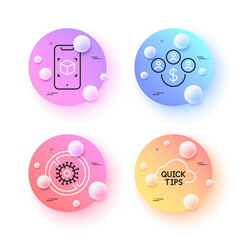 Buying currency, Augmented reality and Stop coronavirus minimal line icons. 3d spheres or balls buttons. Quick tips icons. For web, application, printing. Vector