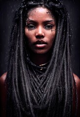 Abstraktes Porträt eines Fantasy-Ebenholzmädchens. Modische Frau mit Dreadlocks. Kreatives schönes Mädchen. © designprojects