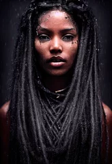 Abstraktes Porträt eines Fantasy-Ebenholzmädchens. Modische Frau mit Dreadlocks. Kreatives schönes Mädchen. © designprojects