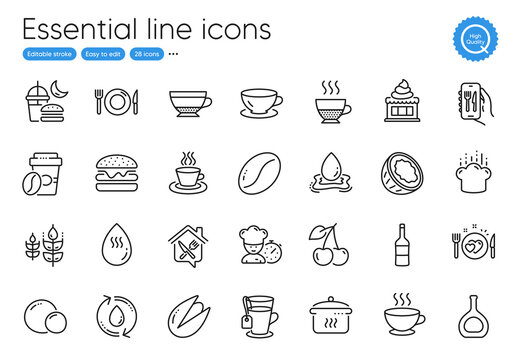 Boiling Pan, Cognac Bottle And Food Line Icons. Collection Of Hot Water, Coffee Cup, Ice Cream Icons. Tea Cup, Pistachio Nut, Coconut Web Elements. Dry Cappuccino, Wine, Takeaway Coffee. Vector