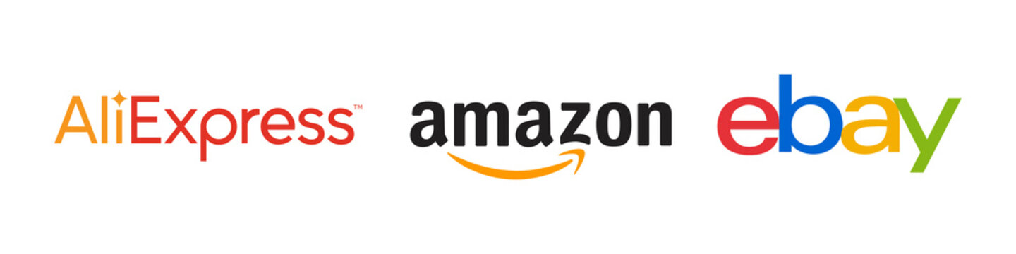 Aliexpress, Ebay, Amazon - popular online store logos. Popular logos on an isolated background. Stock illustration EPS 10