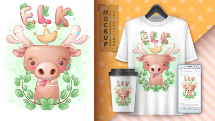 Cartoon character adorable elk in forest, pretty animal idea for print t-shirt, poster and kids envelope, postcard. Cute hand drawn style elk in forest