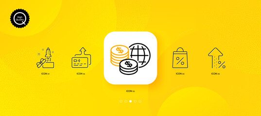Fototapeta na wymiar Shopping bag, Card and Increasing percent minimal line icons. Yellow abstract background. World money, Innovation icons. For web, application, printing. Vector