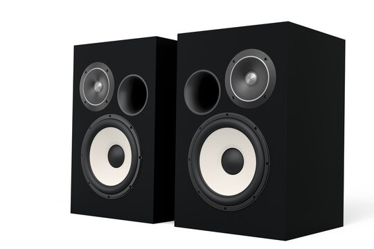 Hi-fi speakers with loudspeakers for sound recording studio on white background.