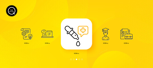 Fototapeta na wymiar Chemistry pipette, Student and Vacancy minimal line icons. Yellow abstract background. Online help, Cogwheel icons. For web, application, printing. Laboratory, Graduation cap, Hiring job. Vector