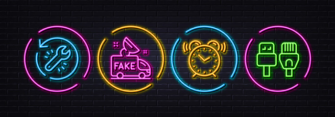 Alarm clock, Fake news and Recovery tool minimal line icons. Neon laser 3d lights. Computer cables icons. For web, application, printing. Time, Social propaganda, Backup info. Rj45 internet. Vector