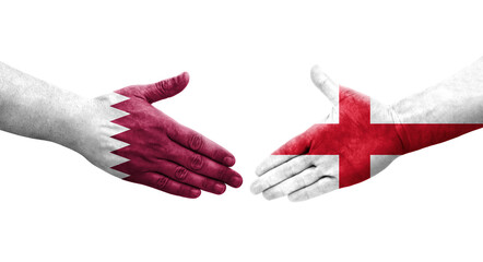 Handshake between England and Qatar flags painted on hands, isolated transparent image.