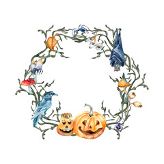 Obraz na płótnie Canvas Circle frame with Halloween symbol watercolor illustration isolated on white.