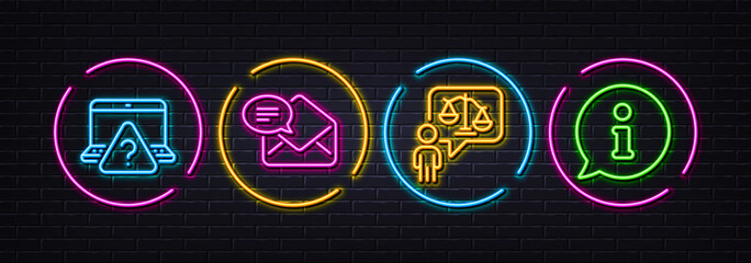 Lawyer, New mail and Online question minimal line icons. Neon laser 3d lights. Info icons. For web, application, printing. Court judge, Received e-mail, Internet faq. Information chat. Vector