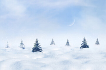 Small Christmas trees against the background of snowdrifts and a blue sky with a moon. Winter minimalist landscape.