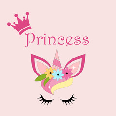 Obraz na płótnie Canvas Unicorn face with crown and text princess.