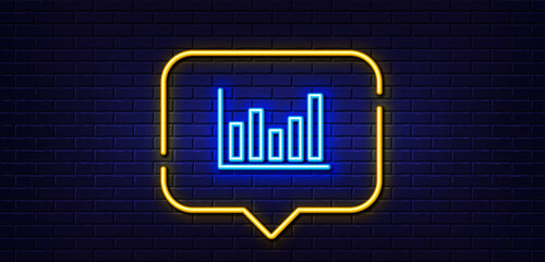 Neon light speech bubble. Column chart line icon. Financial graph sign. Stock exchange symbol. Business investment. Neon light background. Column chart glow line. Brick wall banner. Vector