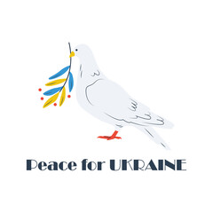 Flying dove of peace, pigeons. Bird with plant olive branch. Love, freedom, no war. Hand drawn modern vector illustration. Support Ukraine, Stand with Ukraine banner, poster in yellow, blue colors