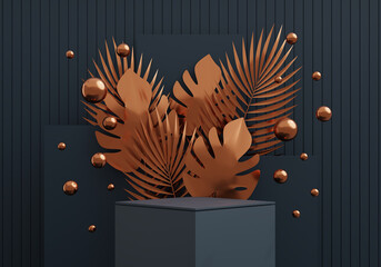 Blue podium stage with tropical palm trees for product placement 3d render