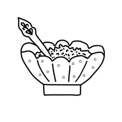 White sugar in old fashioned porcelain bowl with spoon doodle style vector outline for coloring book