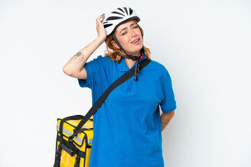 Young caucasian woman with thermal backpack isolated on white background having doubts and with confuse face expression