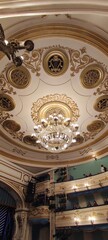 The ceiling in the theater. A large chandelier. Theater in Irkutsk.
