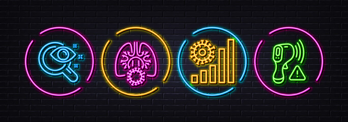 Coronavirus lungs, Coronavirus statistics and Vision test minimal line icons. Neon laser 3d lights. Electronic thermometer icons. For web, application, printing. Vector