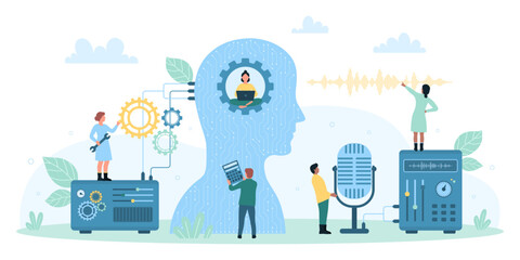 Fototapeta na wymiar AI conrol and support, recognition vector illustration. Cartoon tiny people using microphone and tech futuristic devices to record voice messages to artificial intelligence in abstract human head