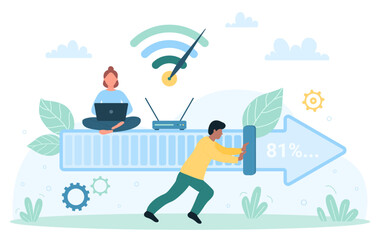 Internet status of download progress in user interface vector illustration. Cartoon tiny man pushing indicator bar on loading arrow, woman working with laptop to upload digital software or file