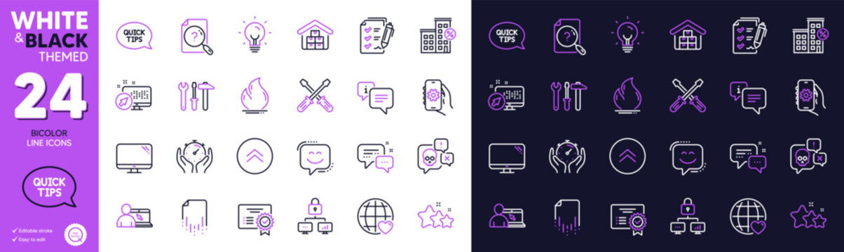 Fire Energy, App Settings And Certificate Line Icons For Website, Printing. Collection Of Computer, Employees Messenger, Recovery File Icons. Loan House, Info, Web System Web Elements. Vector