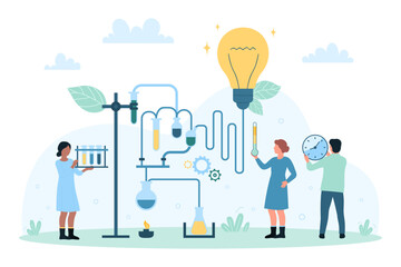 Success idea and invention, research vector illustration. Cartoon tiny people researchers engineering innovation with science technology and laboratory equipment connecting to bright light bulb