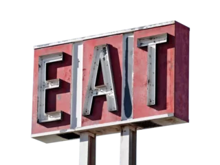Poster Vintage weathered neon eat sign isolated. © trekandphoto