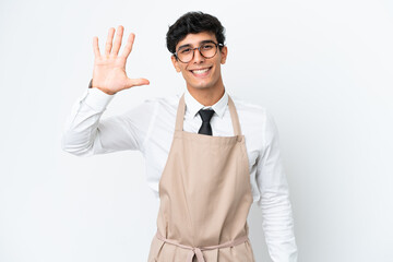 Restaurant Argentinian waiter isolated on white background counting five with fingers