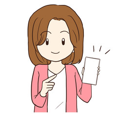 スマホを指差す女性　カラー