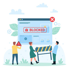 Fototapeta premium Content restriction, IP blocking vector illustration. Cartoon tiny people holding warning notification with exclamation mark and block of online traffic to restrict illegal websites, restricted