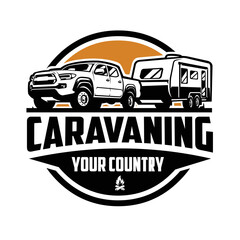 Caravan adventure trailer logo . Truck tow caravan emblem vector isolated - obrazy, fototapety, plakaty