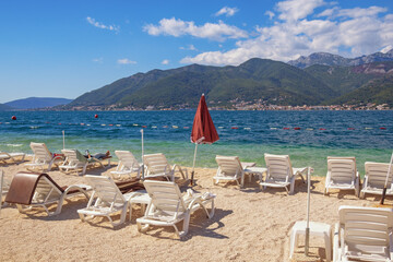 Beautiful autumn Mediterranean landscape, beach vacation.  View of  coast of Kotor Bay. Montenegro,  Adriatic Sea,  Tivat