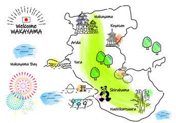 和歌山県の観光地のシンプル線画イラストマップ