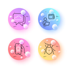 Award app, Software bug and Wallet minimal line icons. 3d spheres or balls buttons. Weather forecast icons. For web, application, printing. Smartphone certification, Cyber virus, Online money. Vector