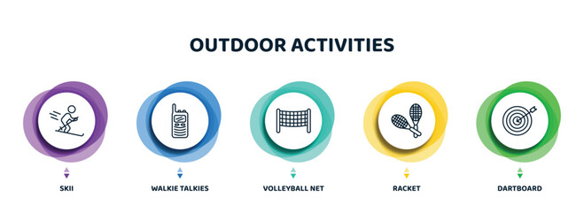 editable thin line icons with infographic template. infographic for outdoor activities concept. included skii, walkie talkies, volleyball net, racket, dartboard icons.