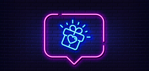 Neon light speech bubble. Love gift line icon. Heart present box sign. Dating profile symbol. Neon light background. Love gift glow line. Brick wall banner. Vector