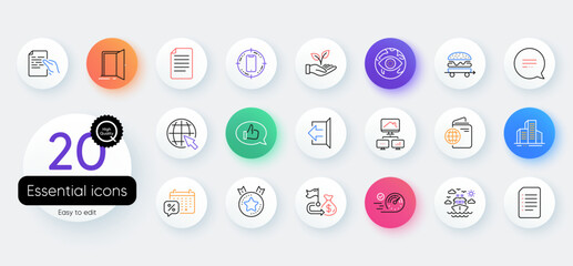 Simple set of File, Sign out and Food delivery line icons. Include Buildings, Text message, Discounts calendar icons. Speedometer, Ship travel, Helping hand web elements. Hold document. Vector