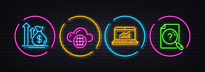Cloud computing, Online statistics and Budget minimal line icons. Neon laser 3d lights. Search document icons. For web, application, printing. Internet storage, Computer data, Money profit. Vector