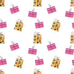 Watercolor seamless pattern with Christmas gift boxes. Birthday decoration. Hand drawn illustration for design, printing on paper, packaging. Clip art with elements isolated on white background.