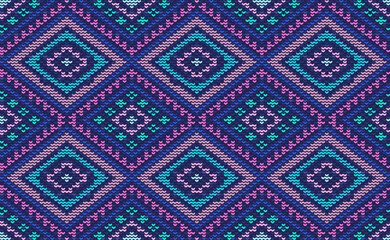 Sweater knitting pattern, Vector ethnic embroidery Boho background, Knitted diagonal ethnic style, Pink and blue pattern jacquard classic, Design for textile, fabric, cloth, wallpaper, sweater