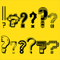 Vector set of artistic, bold, rough, grunge question marks. Collection of black unusual, impressive, 3d interrogation points isolated on yellow background.