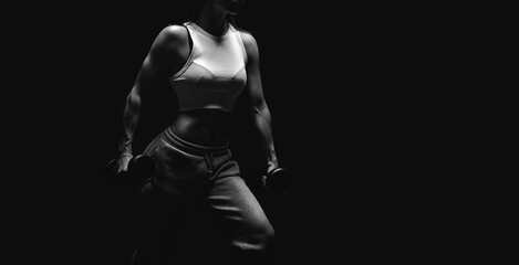 Fototapeta na wymiar Athletic fitness woman posing in the studio on a dark background. Photo of an attractive woman in fashionable sportswear. Sports and healthy lifestyle