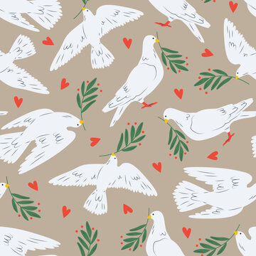 Pattern of dove of peace, pigeons. Flying, standing birds with plant olive branch. Peace and love, freedom, no war, innocence, human purity. Hand drawn modern vector illustration for wallpaper, poster