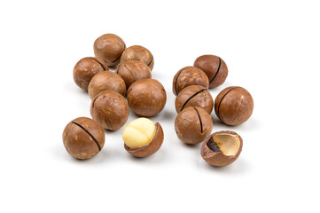 a handful of macadamia nuts on white background isolate