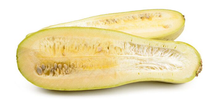 Zucchini Divided Into Two Equal Parts On A White Background Isolate