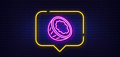 Neon light speech bubble. Coconut line icon. Tasty nut sign. Vegan food symbol. Neon light background. Coconut glow line. Brick wall banner. Vector